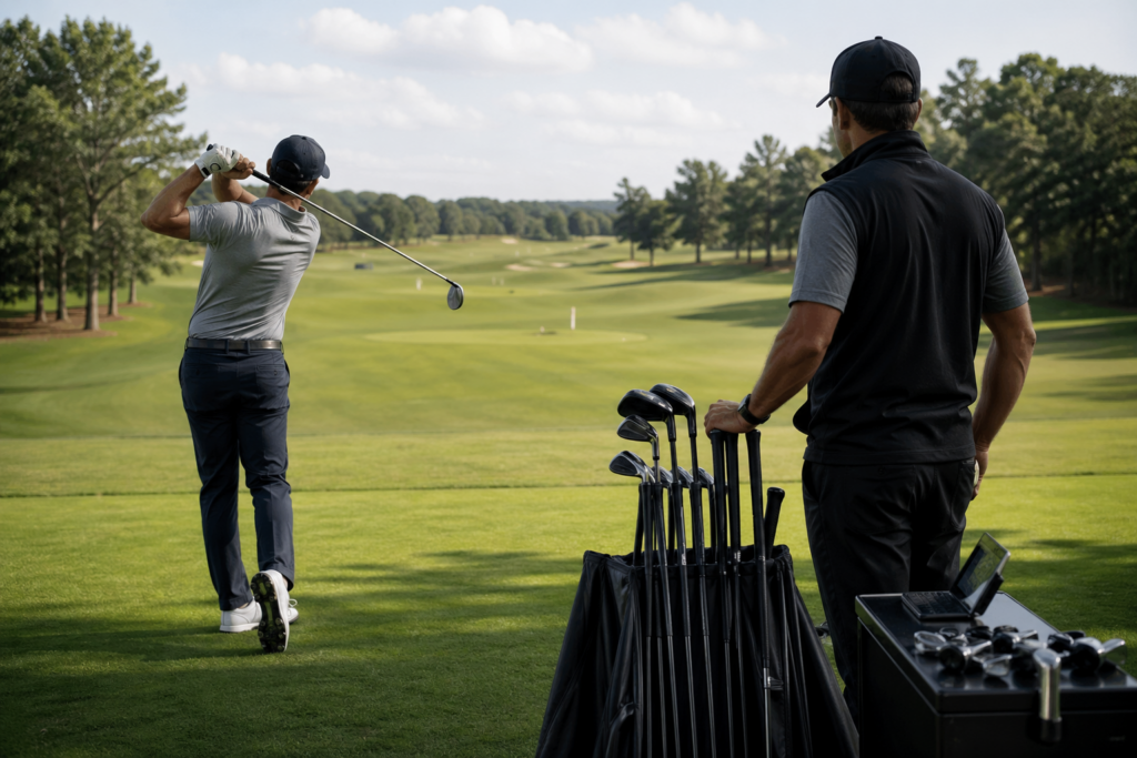 Golf instructor assisting a golfer on the range.